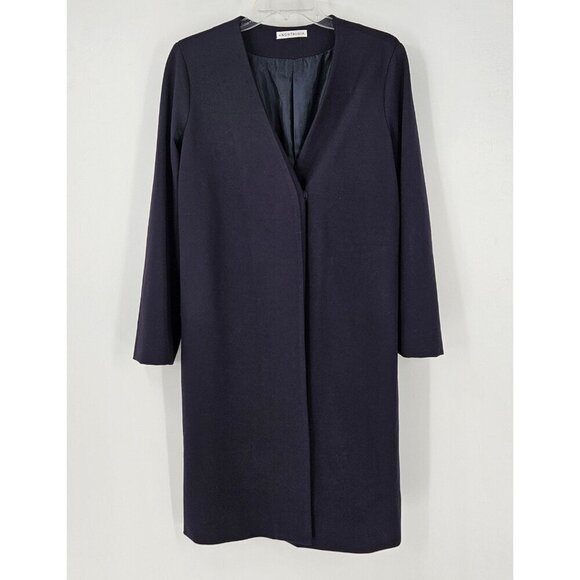 Nostalgia Jackets & Blazers - Nostalgia Sz M Navy Blue Collarless Lined Midi Dress Jacket 1 Snap Open Front